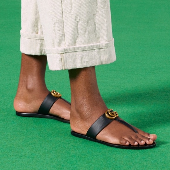 Gucci GG Marmont Logo Leather Slide Flip Flop Sandals - Picture 1 of 7
